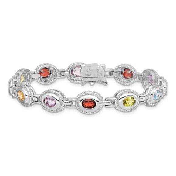 Brand new Sterling Silver 7 inch Rainbow Multi-gemstone Bracelet - Picture 1 of 4